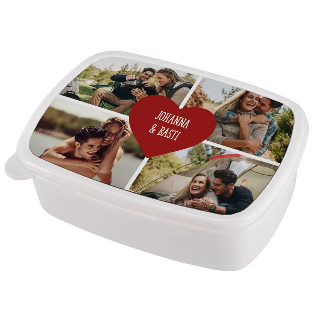 Foto Brotdose mit 4 Bildern bedruckt und Herzmotiv mit Wunschtext