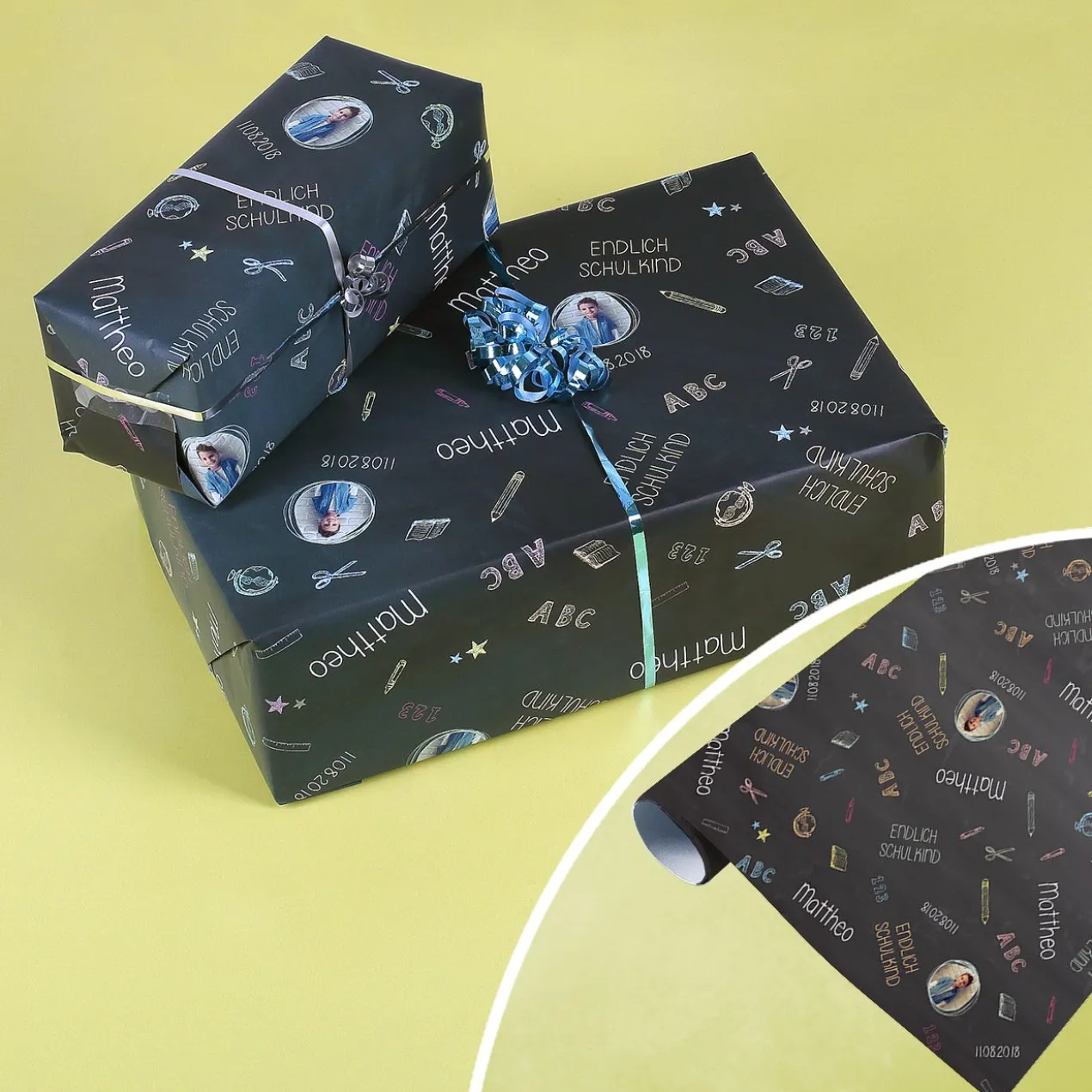 Foto Geschenkpapier zur Einschulung mit Name und Datum