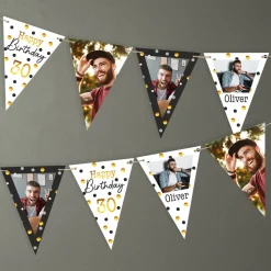 Foto Girlande zum Geburtstag in Schwarz-Gold | Wimpelkette als Geburtstagsdeko