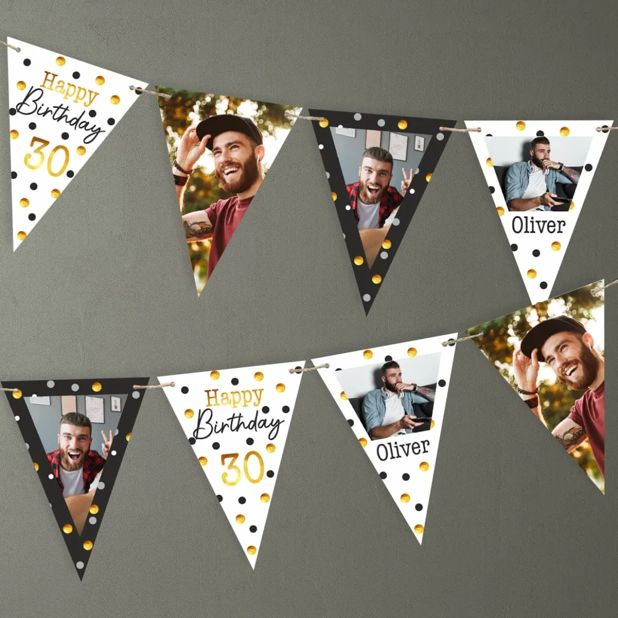 Foto Girlande zum Geburtstag in Schwarz-Gold | Wimpelkette als Geburtstagsdeko