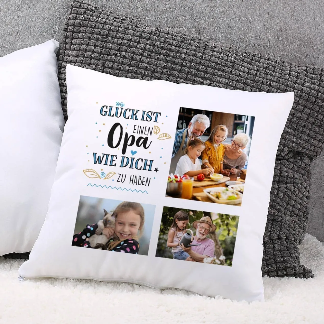 Fotokissen für Opas - Glück ist einen Opa wie dich zu haben - Wunschtext