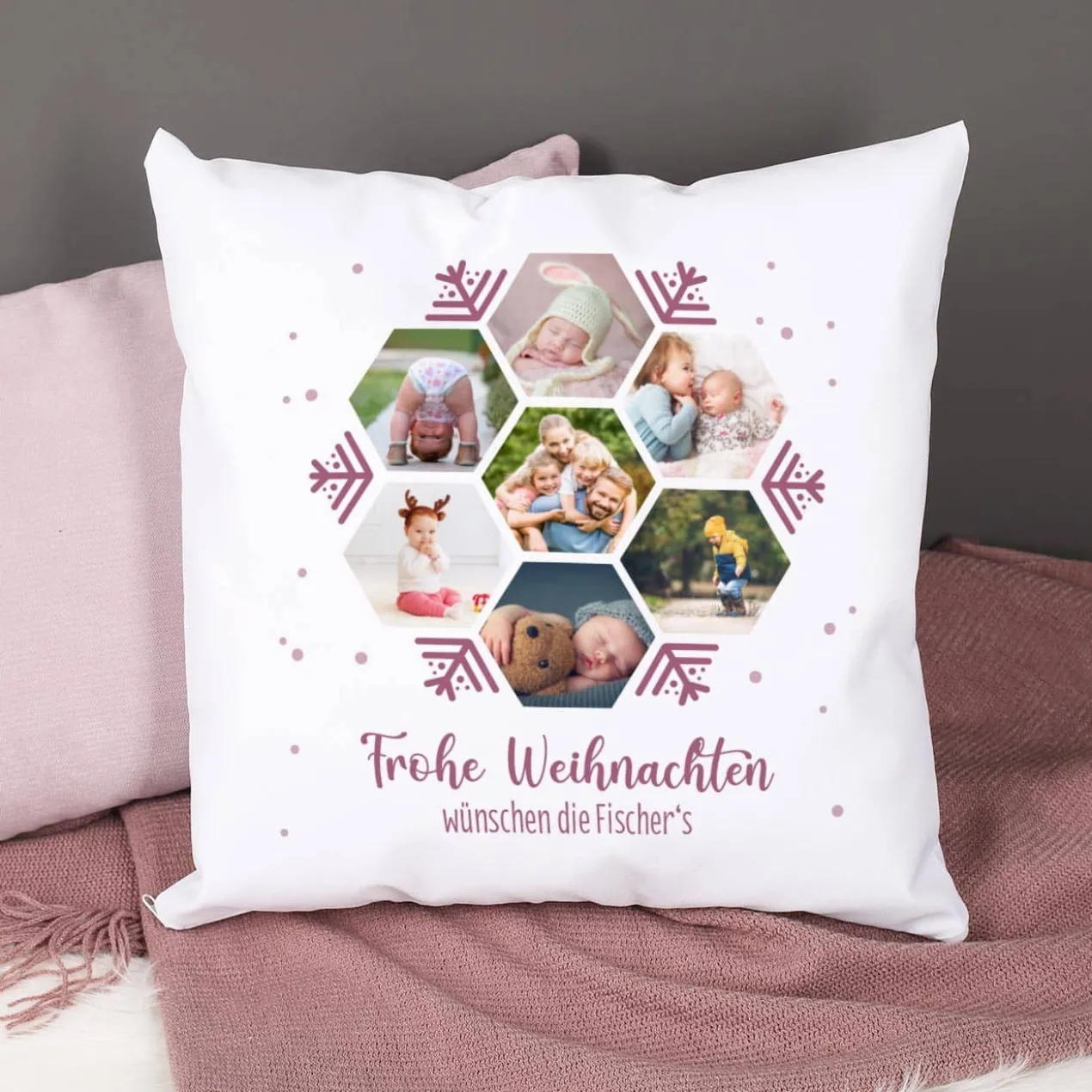 Fotokissen mit Schneeflocken-Motiv und 7 Fotos bedruckt