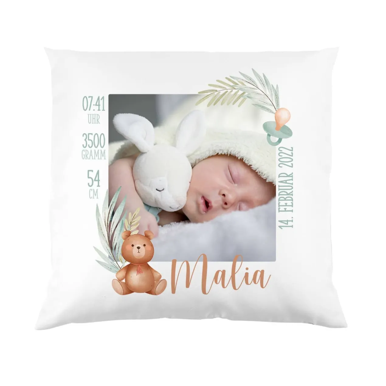 Fotokissen zur Geburt mit kleinem Watercolor-Teddybär