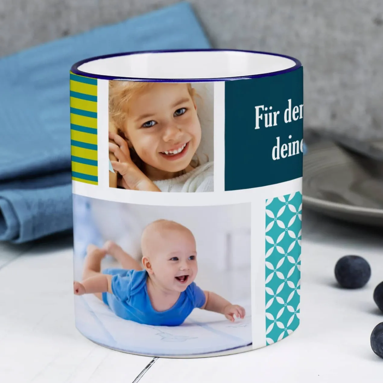 Foto-Tasse mit 3 Bildern und Wunschtext