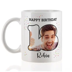 Fototasse zum 18. Geburtstag mit Name und Happy Birthday