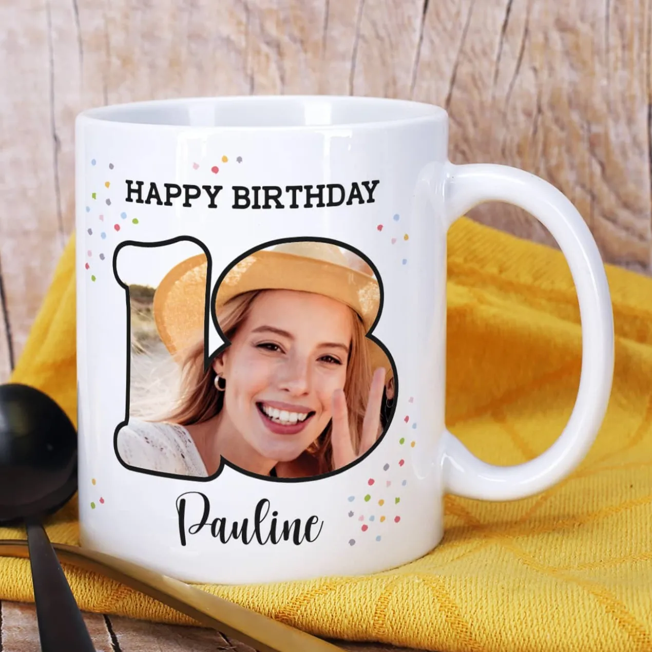 Fototasse zum 18. Geburtstag mit Name und Happy Birthday