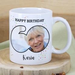 Fototasse zum 60. Geburtstag mit Name und Happy Birthday