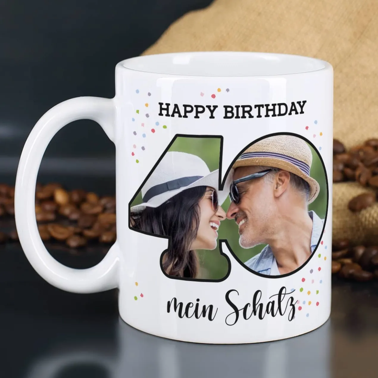 Fototasse zum 40. Geburtstag mit Name und Happy Birthday