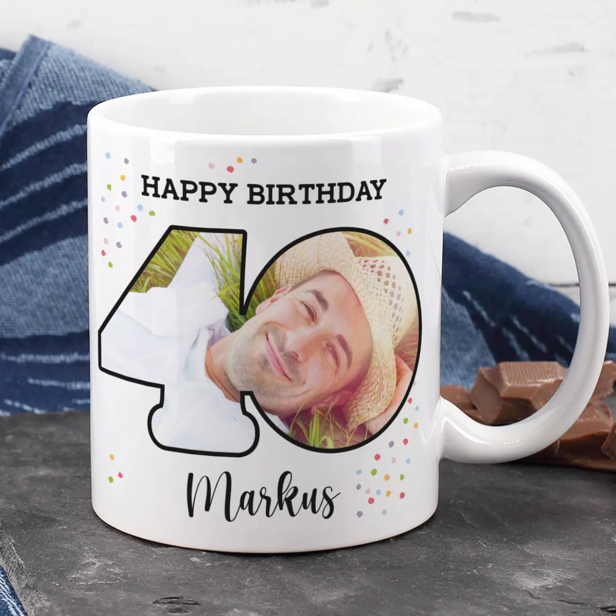 Fototasse zum 40. Geburtstag mit Name und Happy Birthday
