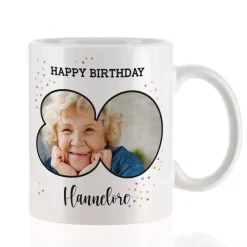 Fototasse zum 80. Geburtstag mit Name und Happy Birthday-Schriftzug