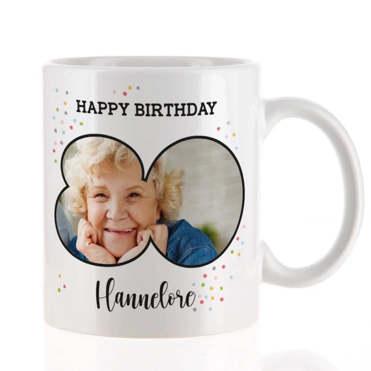 Fototasse zum 80. Geburtstag mit Name und Happy Birthday-Schriftzug