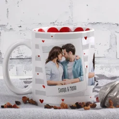Fototasse zum Valentinstag mit 3 Fotos, Wunschtexten und Herzen