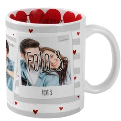 Fototasse zum Valentinstag mit 3 Fotos, Wunschtexten und Herzen