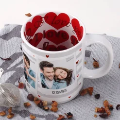 Fototasse zum Valentinstag mit 3 Fotos, Wunschtexten und Herzen
