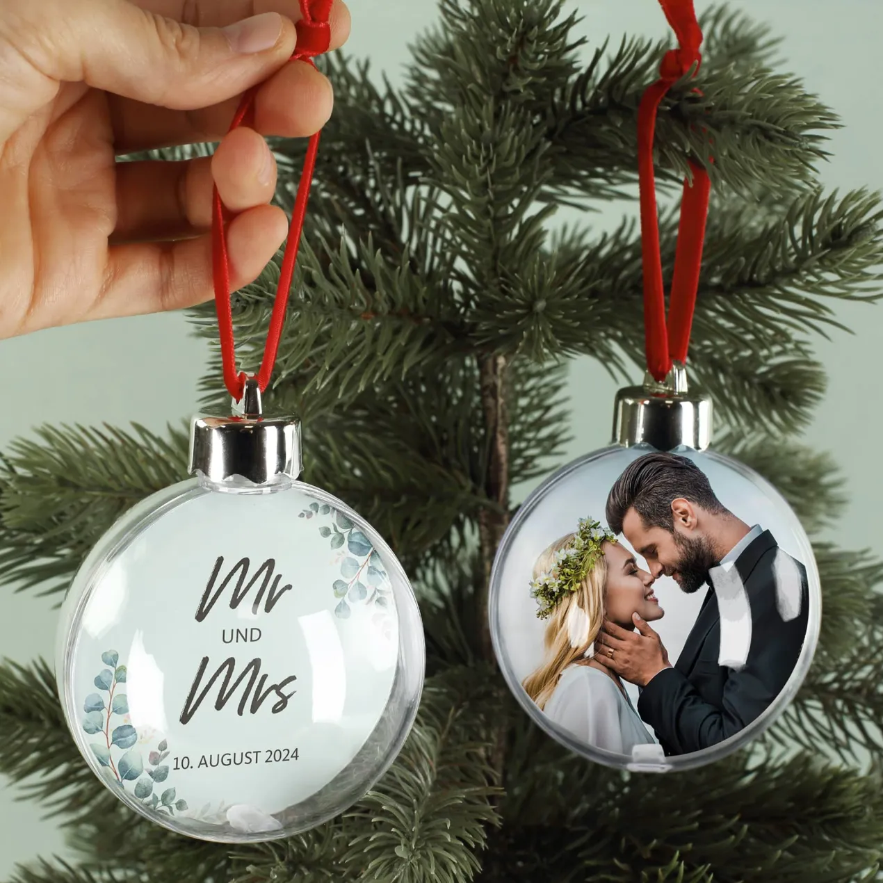 Foto-Weihnachtskugel für Paare mit Eukalyptus Motiv