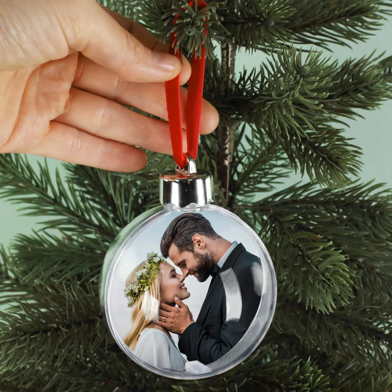Foto-Weihnachtskugel für Paare mit Eukalyptus Motiv