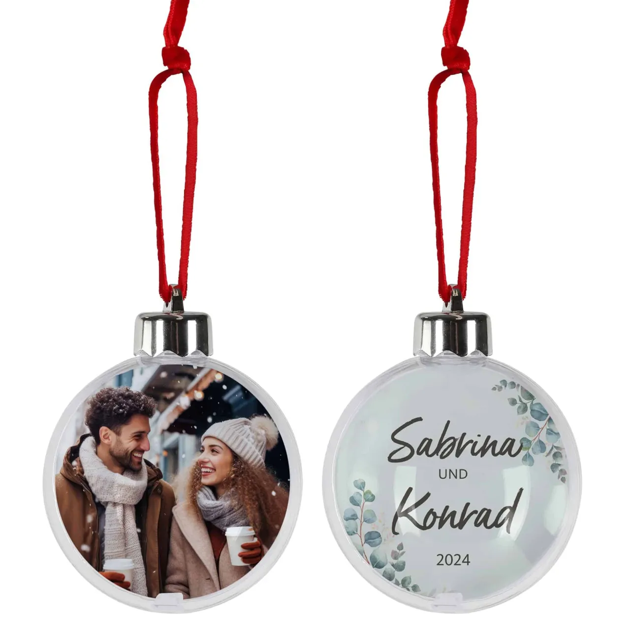 Foto-Weihnachtskugel für Paare mit Eukalyptus Motiv