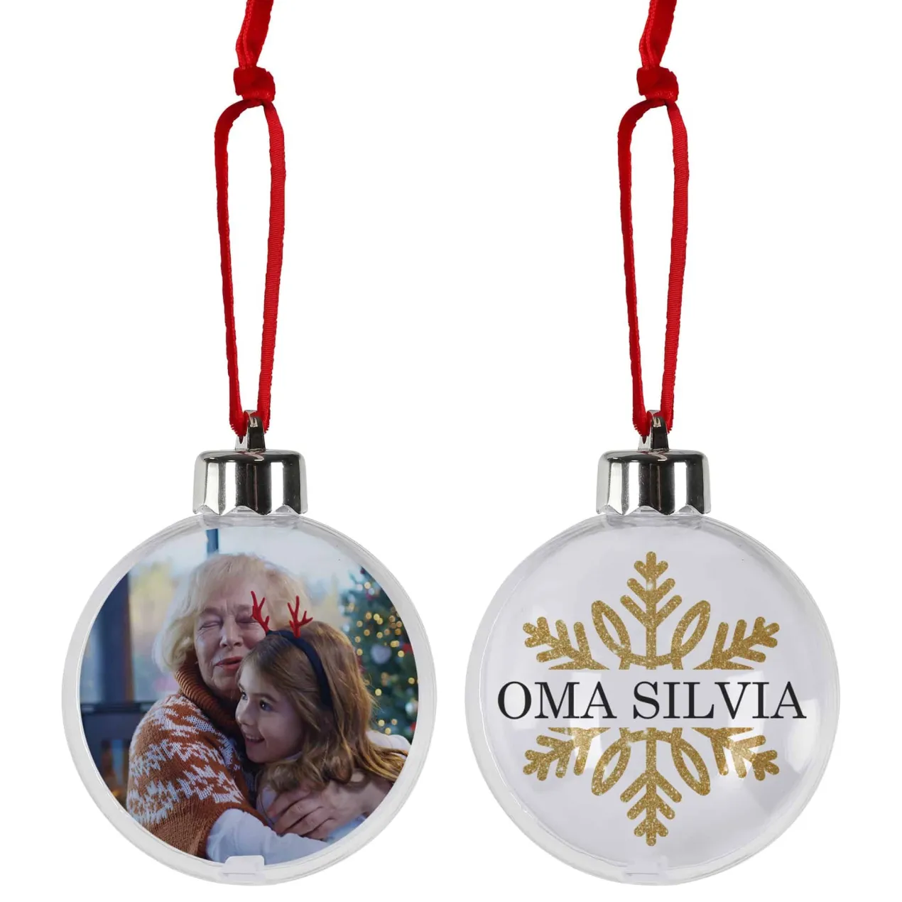 Foto-Weihnachtskugel mit Schneeflockenmotiv und Wunschtext