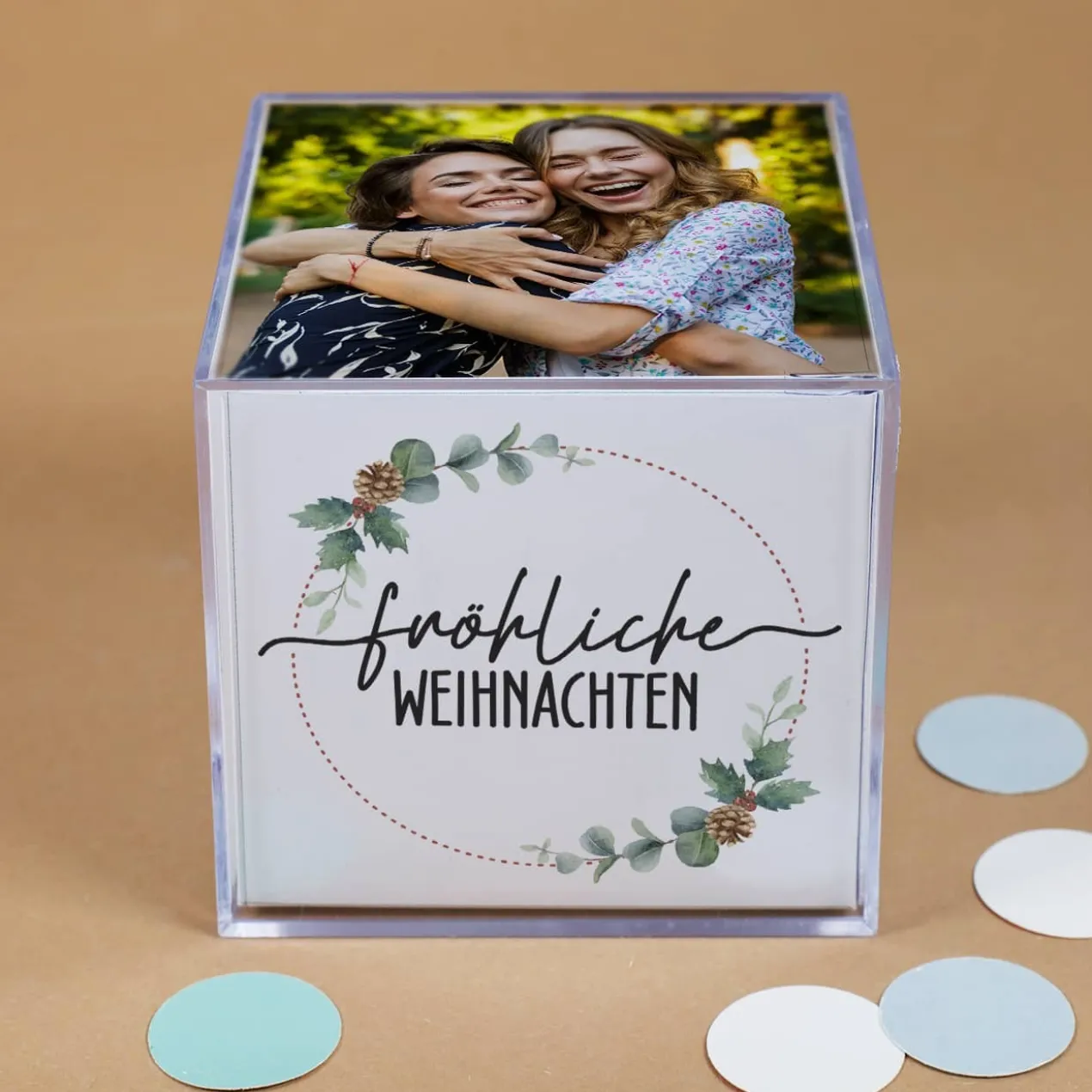 Foto-Würfel zu Weihnachten mit Ihren Fotos und 5 verschiedenen Sprüchen