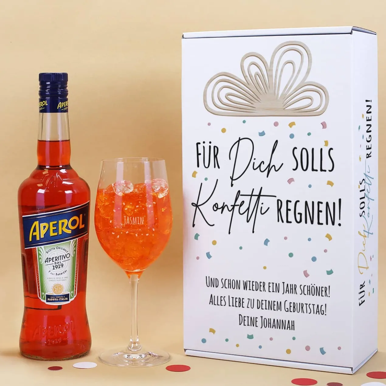 Für Dich solls Konfetti regnen! - Geschenkset zum Geburtstag mit Weinglas und Aperol