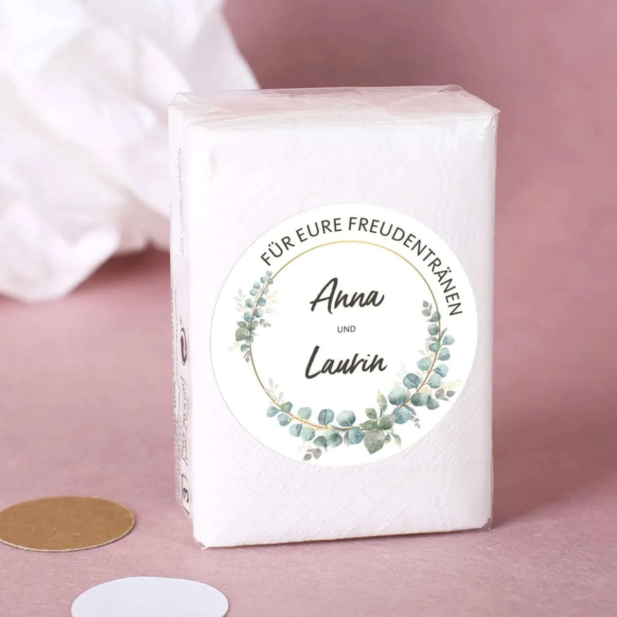 Freudentränen-Taschentücher zur Hochzeit mit Eukalyptus-Motiv & Namen, 10er Set