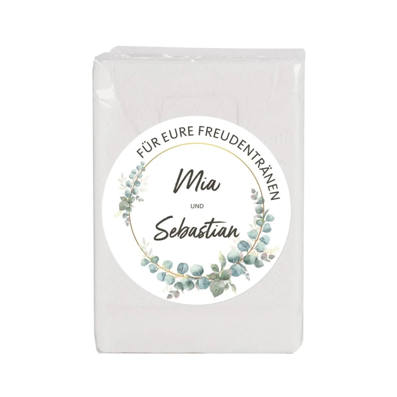 Freudentränen-Taschentücher zur Hochzeit mit Eukalyptus-Motiv & Namen, 10er Set