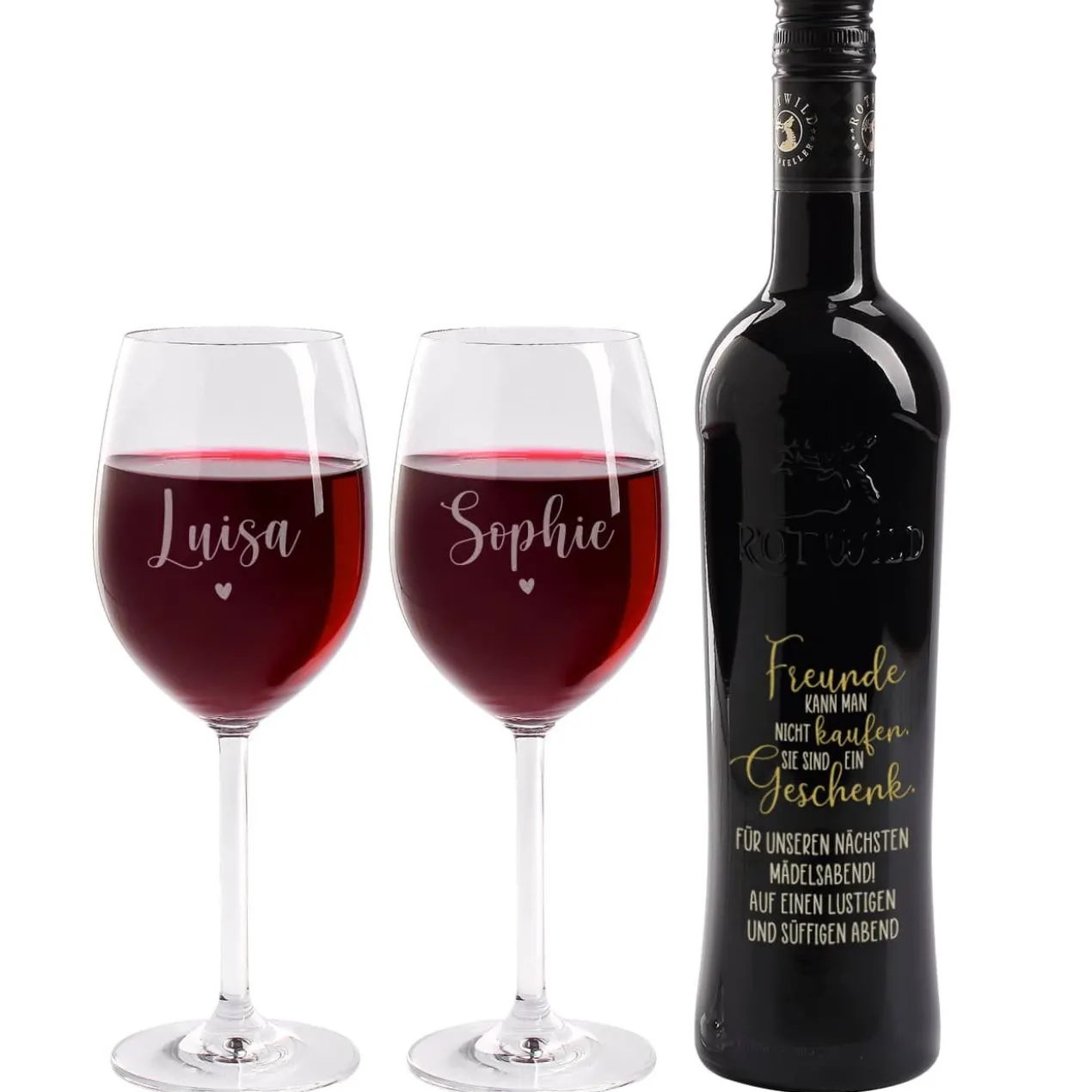 Freunde sind ein Geschenk - Wein Geschenkset mit gravierter Weinflasche und zwei Weingläsern