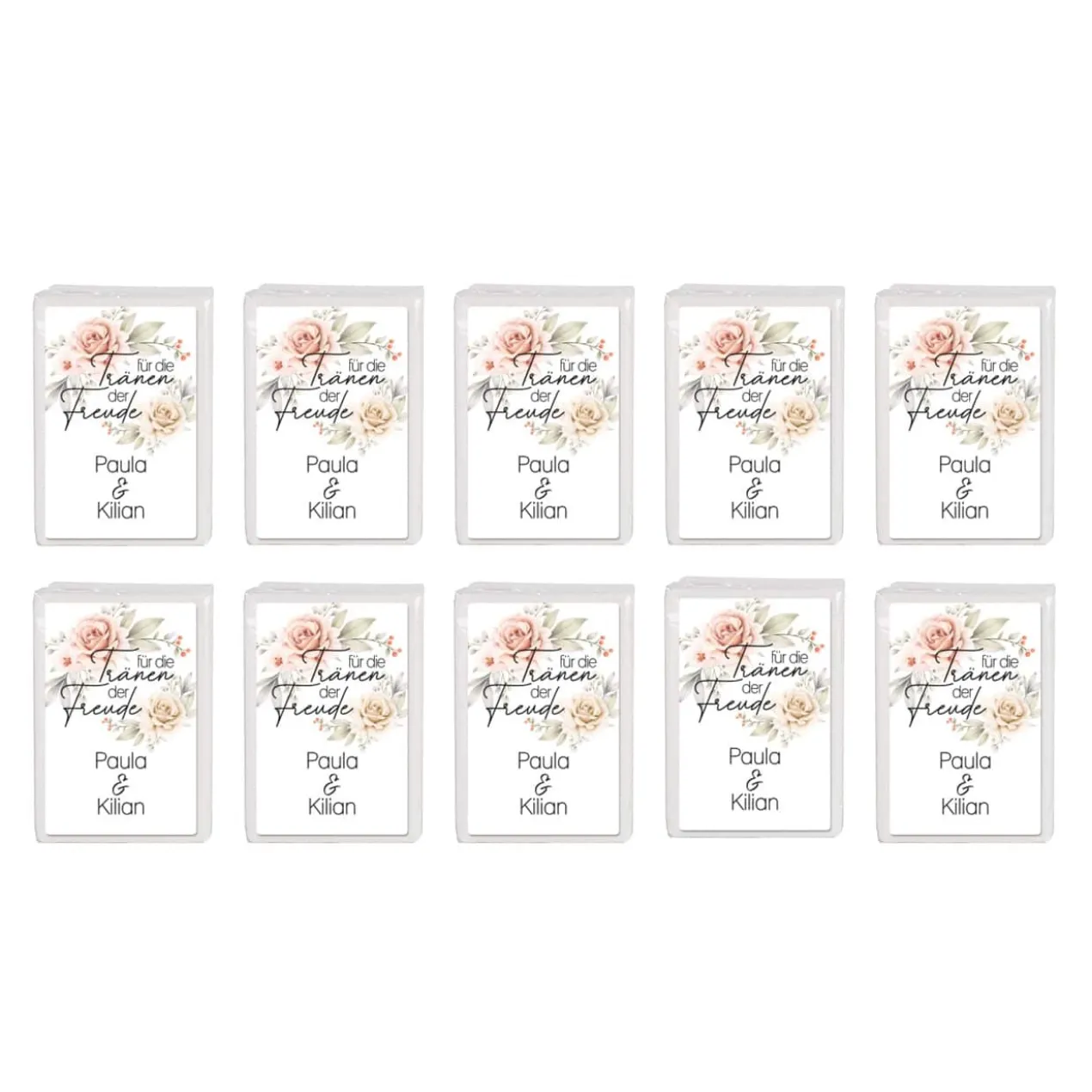 Für Freudentränen - 10er Set Taschentücher mit dem Namen des Hochzeitspaares