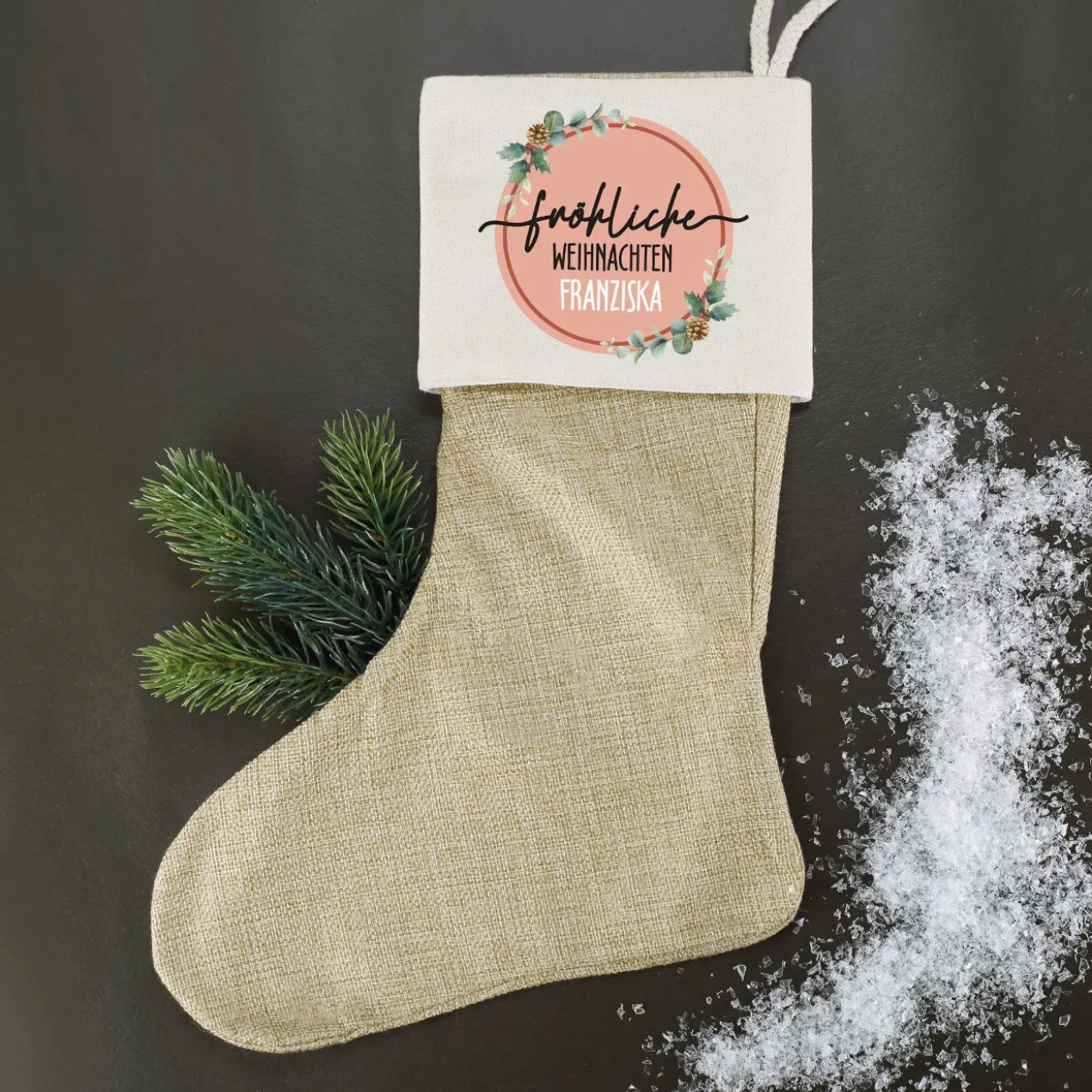 Fröhliche Weihnachten - Nikolausstrumpf mit Namensaufdruck