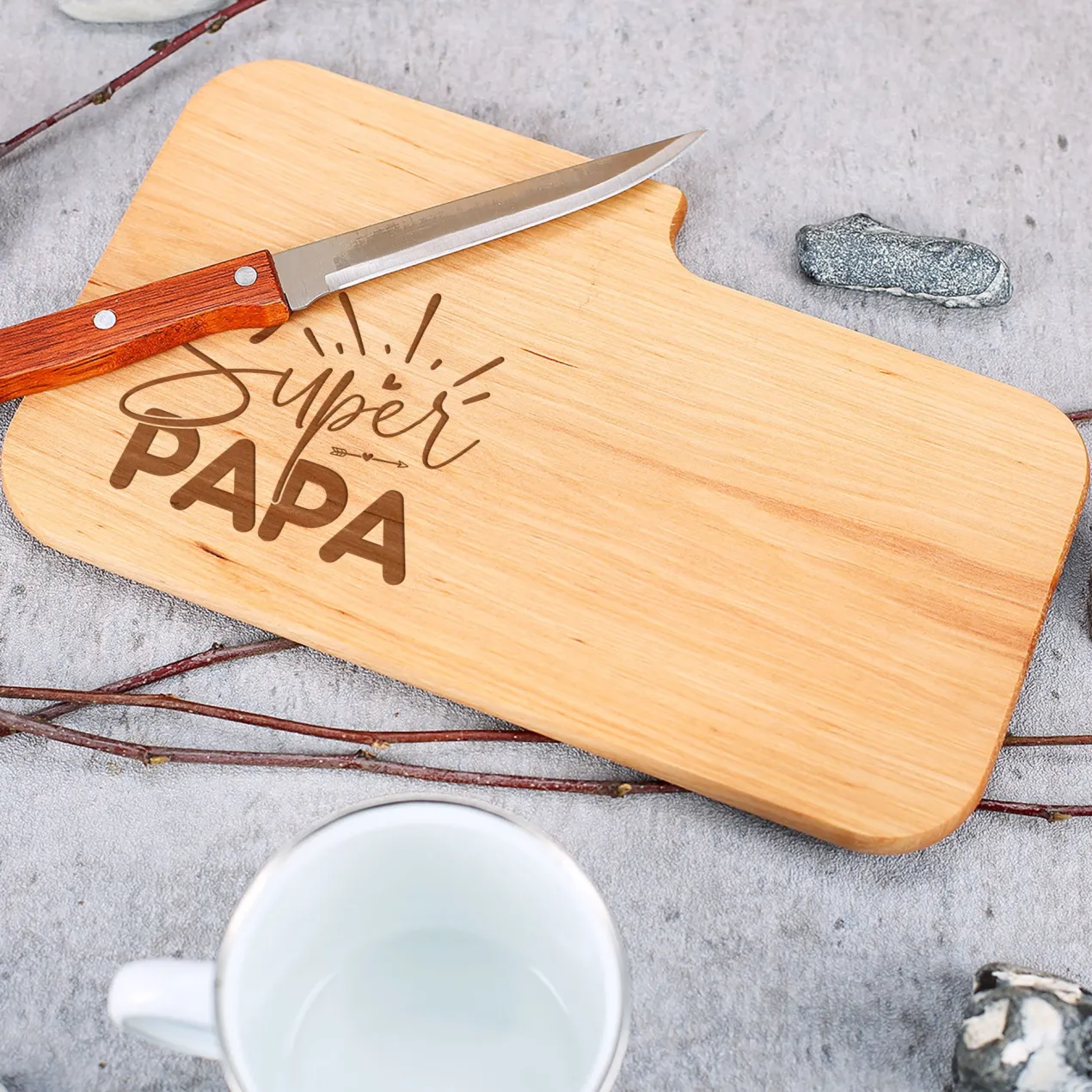 Frühstücksbrettchen mit Messer - Super Papa - aus Holz | Graviert als Geschenk zum Vatertag für Männer