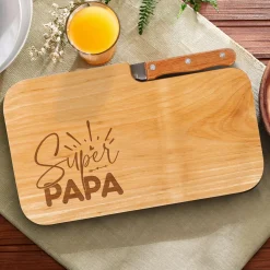 Frühstücksbrettchen mit Messer - Super Papa - aus Holz | Graviert als Geschenk zum Vatertag für Männer