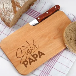Frühstücksbrettchen mit Messer - Super Papa - aus Holz | Graviert als Geschenk zum Vatertag für Männer