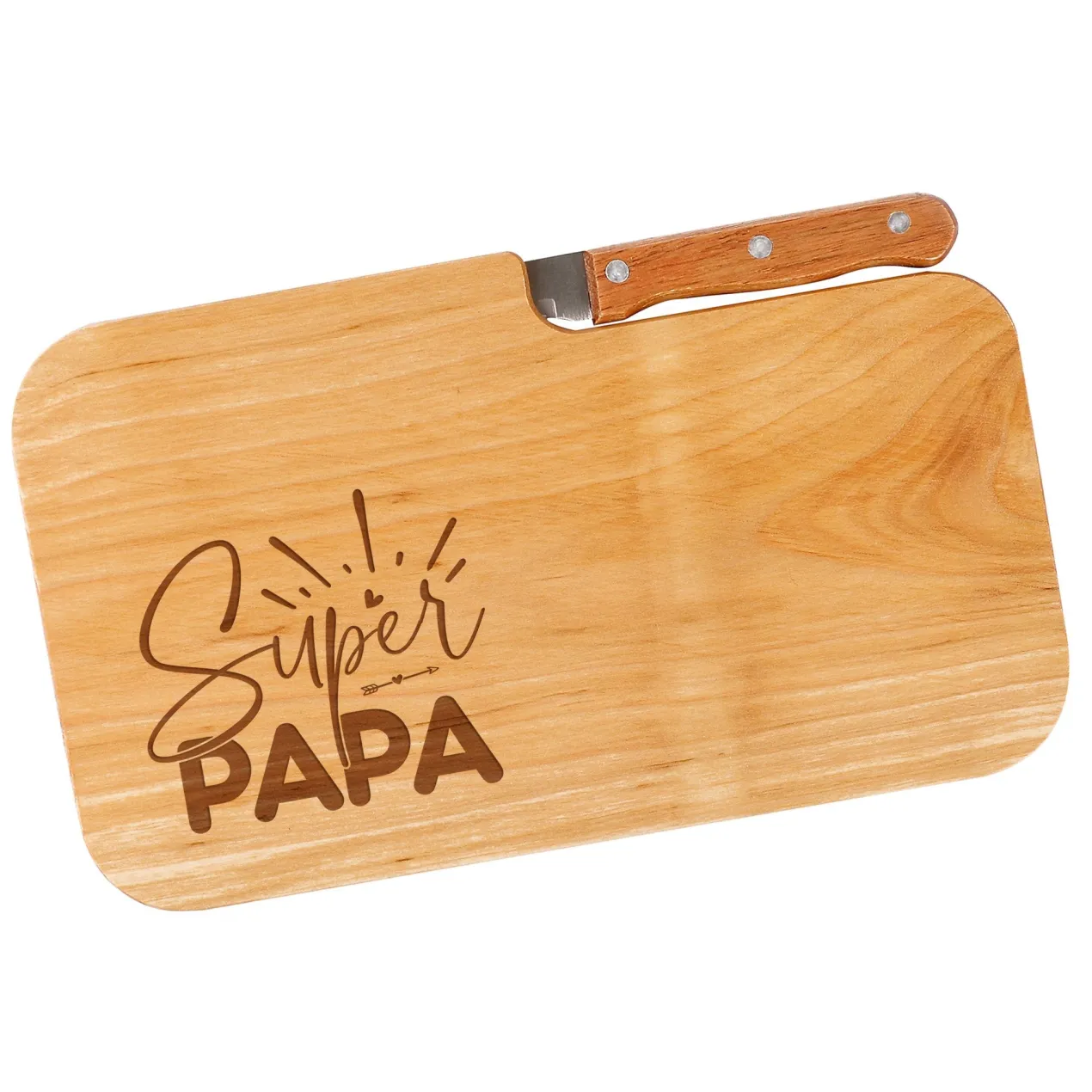 Frühstücksbrettchen mit Messer - Super Papa - aus Holz | Graviert als Geschenk zum Vatertag für Männer