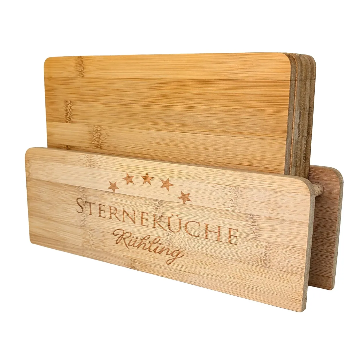Frühstücksbrettchen-Set aus Bambus mit Ständer personalisiert mit Name | STERNEKÜCHE-Motiv