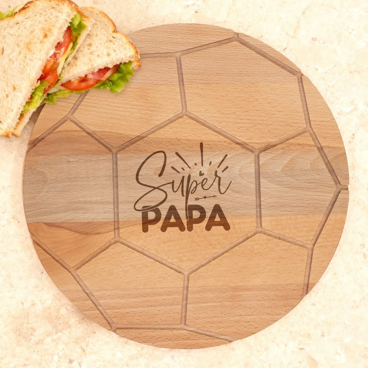 Frühstücksbrettchen 'Super Papa' aus Holz im Fußball Design rund | Geschenk für Vatertag & Geburtstag