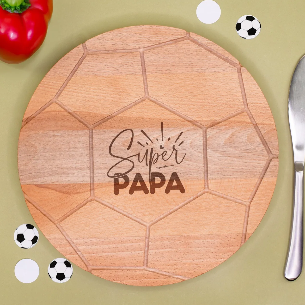 Frühstücksbrettchen 'Super Papa' aus Holz im Fußball Design rund | Geschenk für Vatertag & Geburtstag
