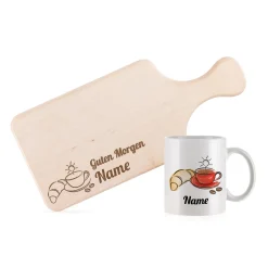 Frühstücksset mit Tasse und Brettchen um den Tag zu verschönern