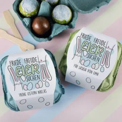 Friede, Freude, Eier suchen - gefüllte Schokoeier im personalisierten Eierkarton | 4 Löffeleier