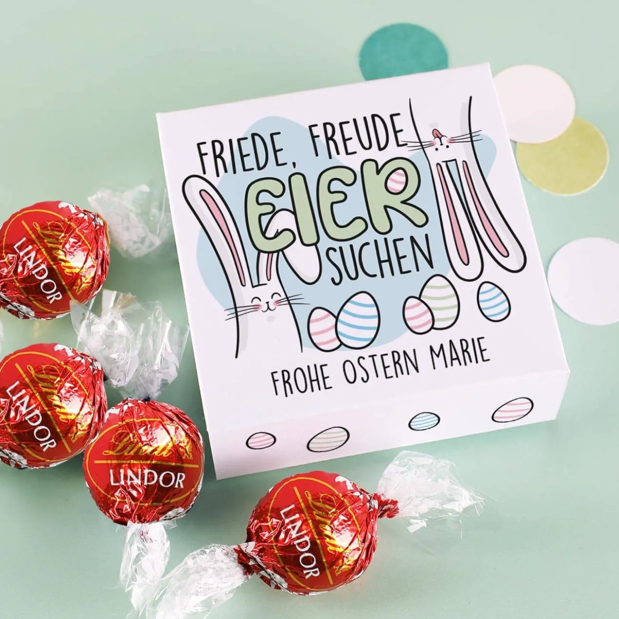 Friede, Freude, Eier suchen - 4 Lindorkugeln in Osterverpackung