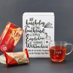 Für kuschlig warme Weihnachten - Geschenkset mit gravierten Glas und personalisierter Verpackung