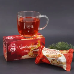 Für kuschlig warme Weihnachten - Geschenkset mit gravierten Glas und personalisierter Verpackung