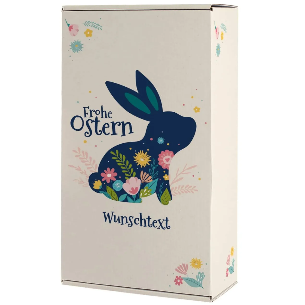 Frohe Ostern - Geschenkbox mit Hase, Blüten, Wunschtext und Holzwolle