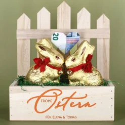 Frohe Ostern - Geschenkkorb mit zwei Goldhasen von Lindt befüllt