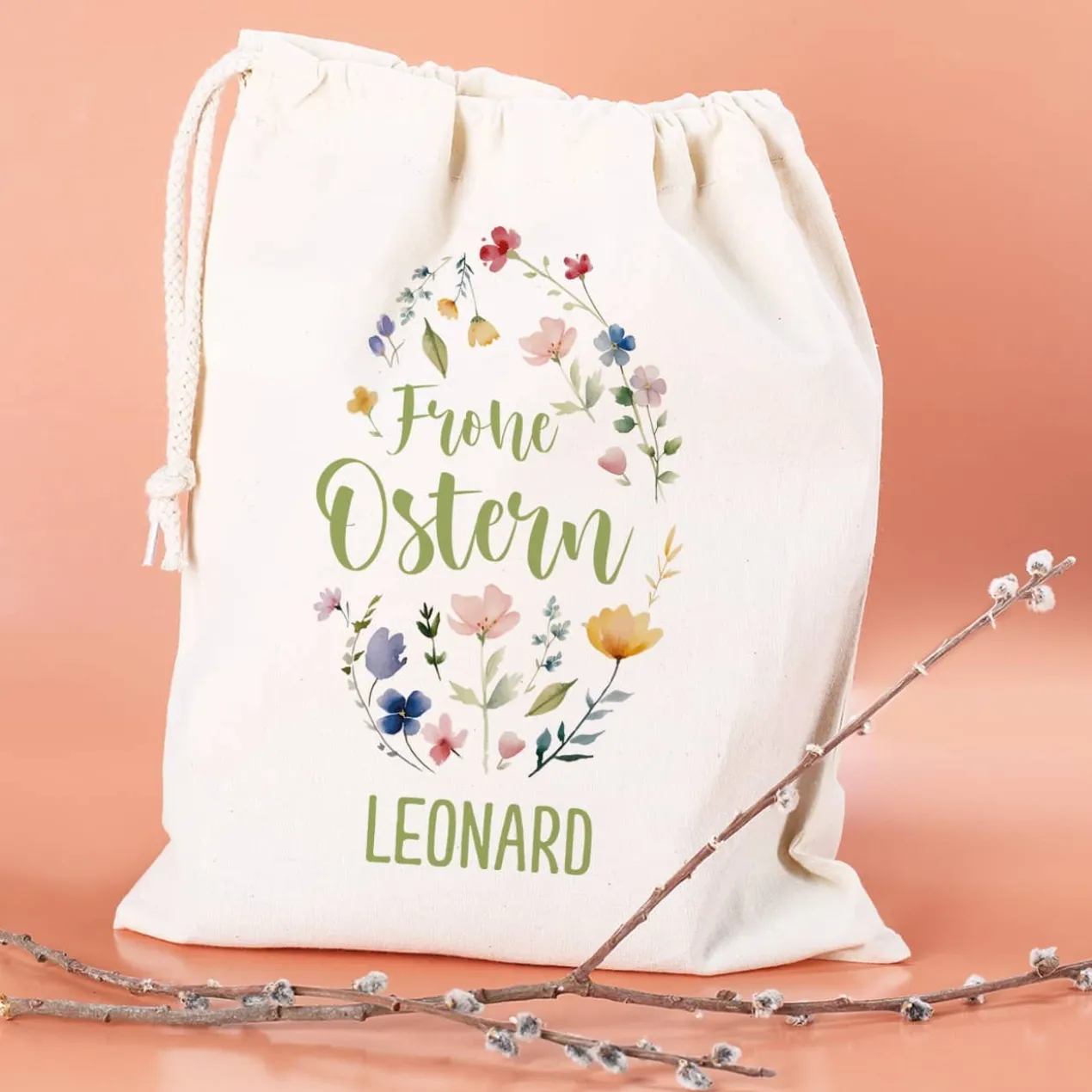 Frohe Ostern Geschenksack mit Blumen-Motiv & Name, 25x32 cm
