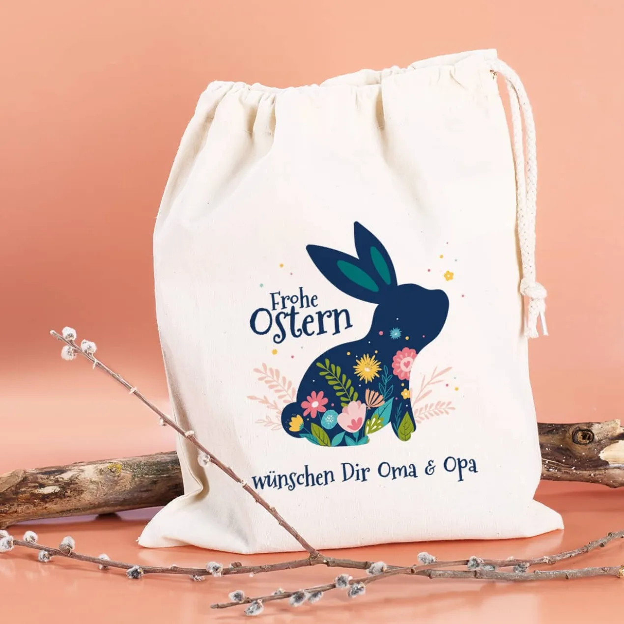 Frohe Ostern - Geschenksack mit Osterhase, Blüten und Wunschtext, 25 x 32 cm