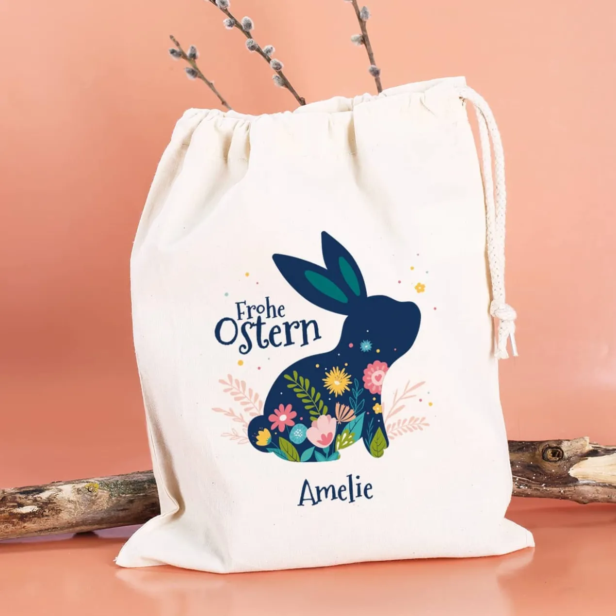 Frohe Ostern - Geschenksack mit Osterhase, Blüten und Wunschtext, 25 x 32 cm