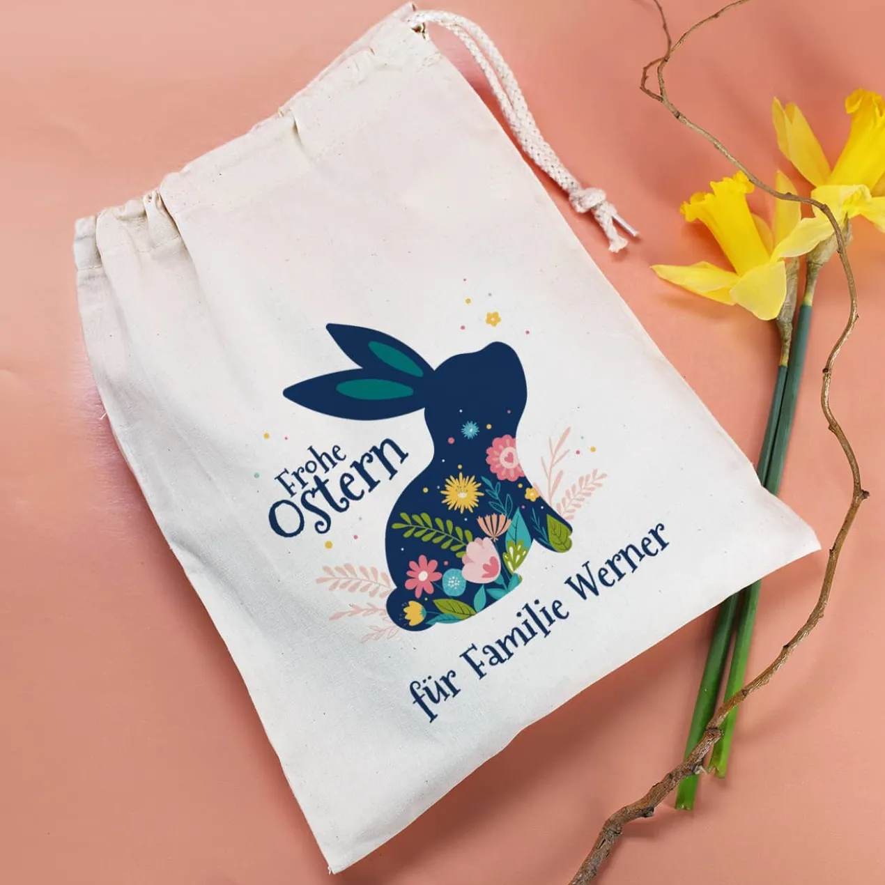 Frohe Ostern - Geschenksack mit Osterhase, Blüten und Wunschtext, 25 x 32 cm
