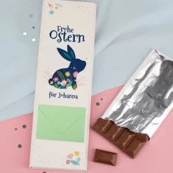 Frohe Ostern - 300 g Schokolade mit kleinem Umschlag und Wunschtext