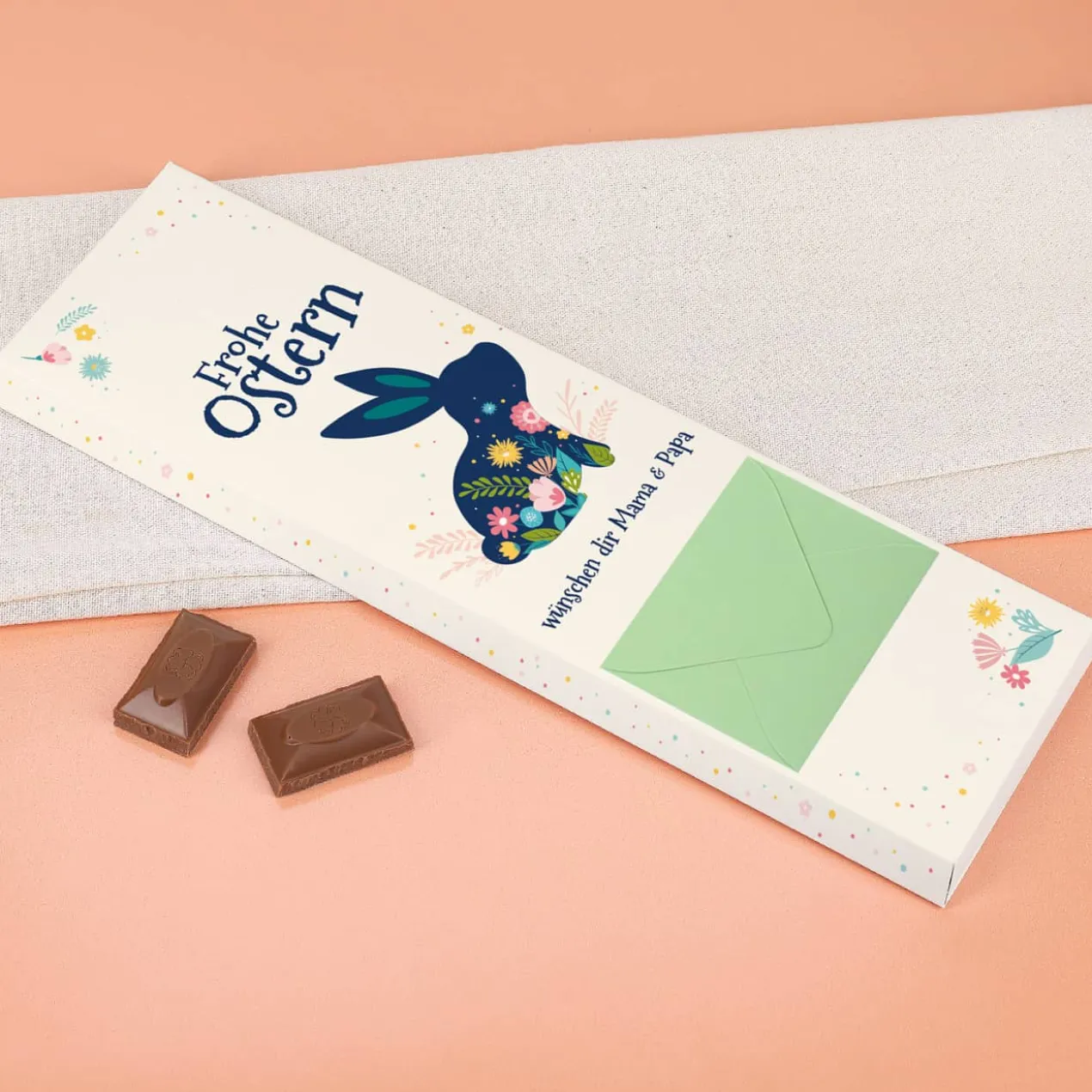 Frohe Ostern - 300 g Schokolade mit kleinem Umschlag und Wunschtext