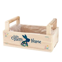 Frohe Ostern - Holzkiste mit Osterhase, Blüten und Name